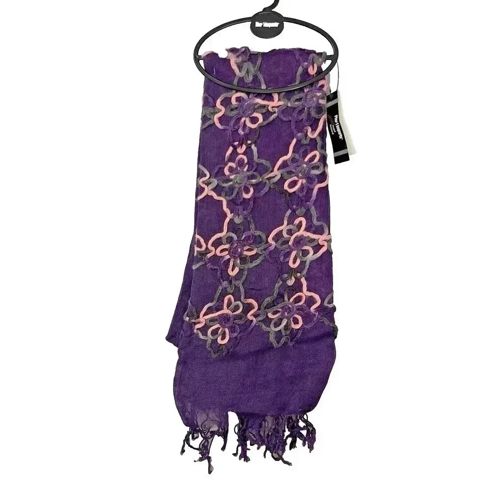 Pier 1 Purple Floral Embroidered Scarf with Pink & Gray Accents
